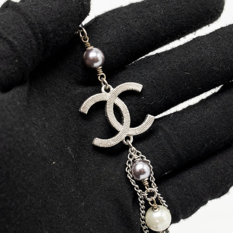 Chanel Crystal/Pearl CC Logo Long Necklace Silver Tone