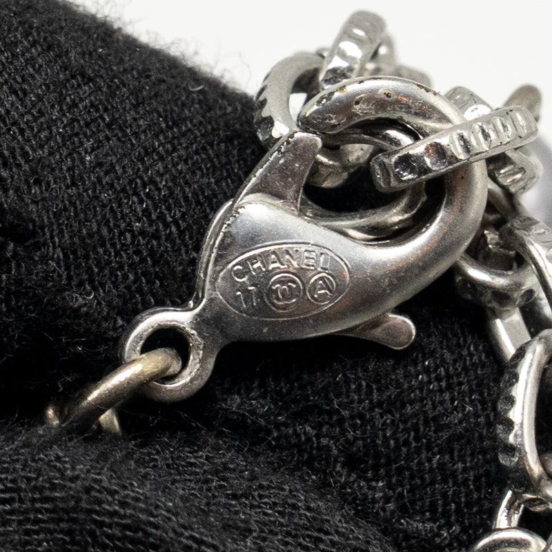 Chanel Crystal/Pearl CC Logo Long Necklace Silver Tone