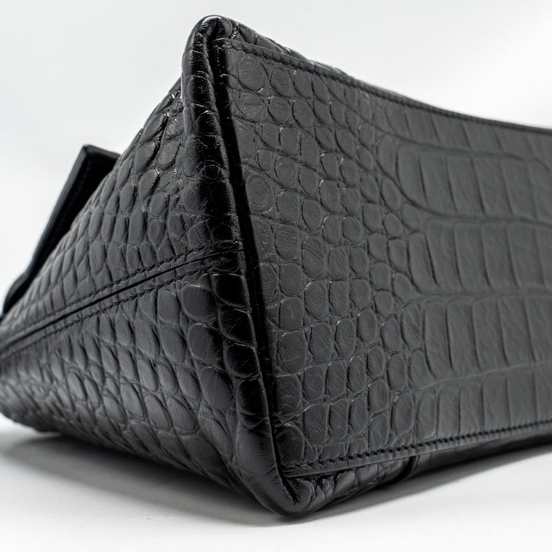 BALENCIAGA Limited Edition Downtown Small Shoulder Bag Croc-Embossed Calfskin Black with Black Hardware