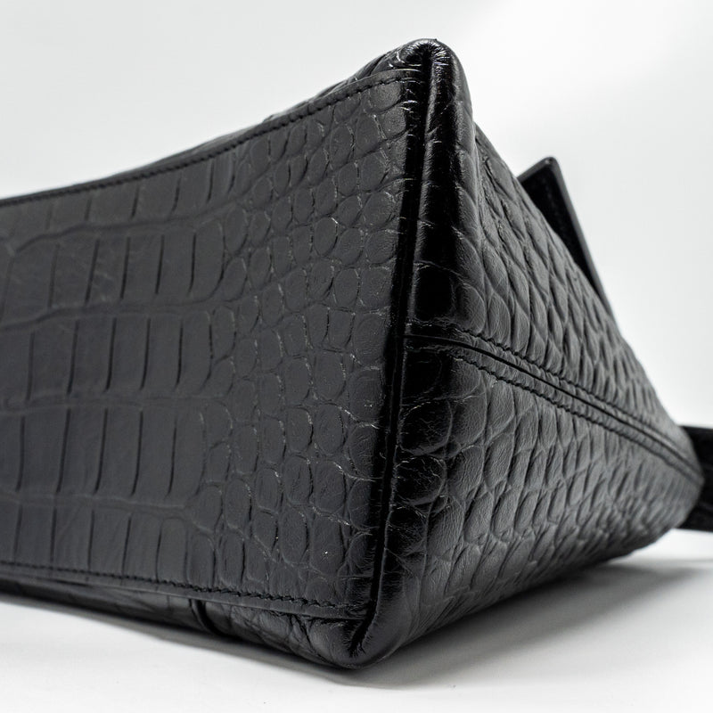 BALENCIAGA Limited Edition Downtown Small Shoulder Bag Croc-Embossed Calfskin Black with Black Hardware