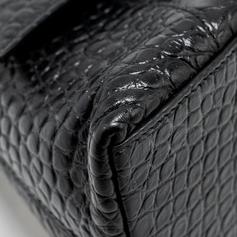 BALENCIAGA Limited Edition Downtown Small Shoulder Bag Croc-Embossed Calfskin Black with Black Hardware