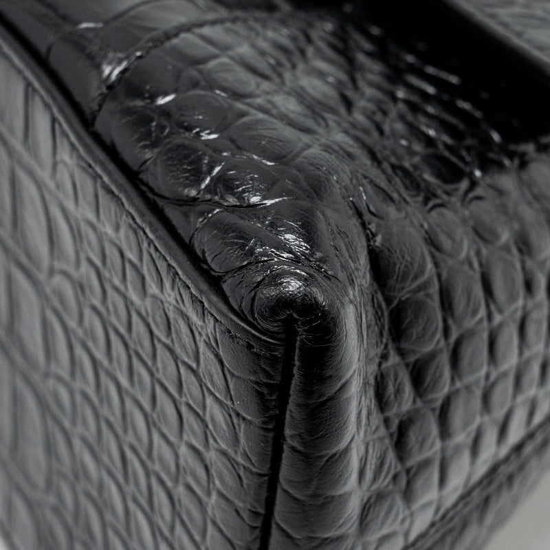 BALENCIAGA Limited Edition Downtown Small Shoulder Bag Croc-Embossed Calfskin Black with Black Hardware