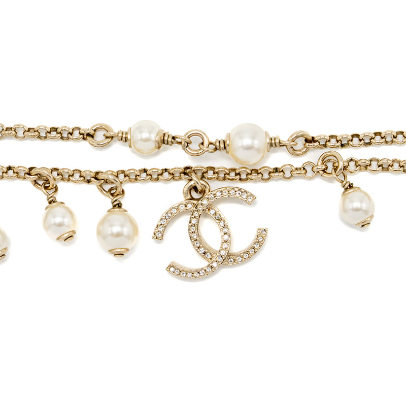 Chanel Double Chain Bracelet with CC logo and pearl  light gold tone