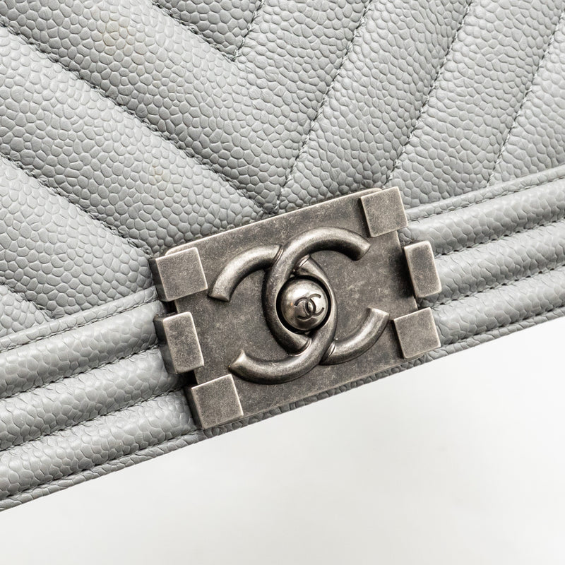 Chanel Medium Boy Bag Chevron Caviar Grey Ruthenium Silver Hardware
