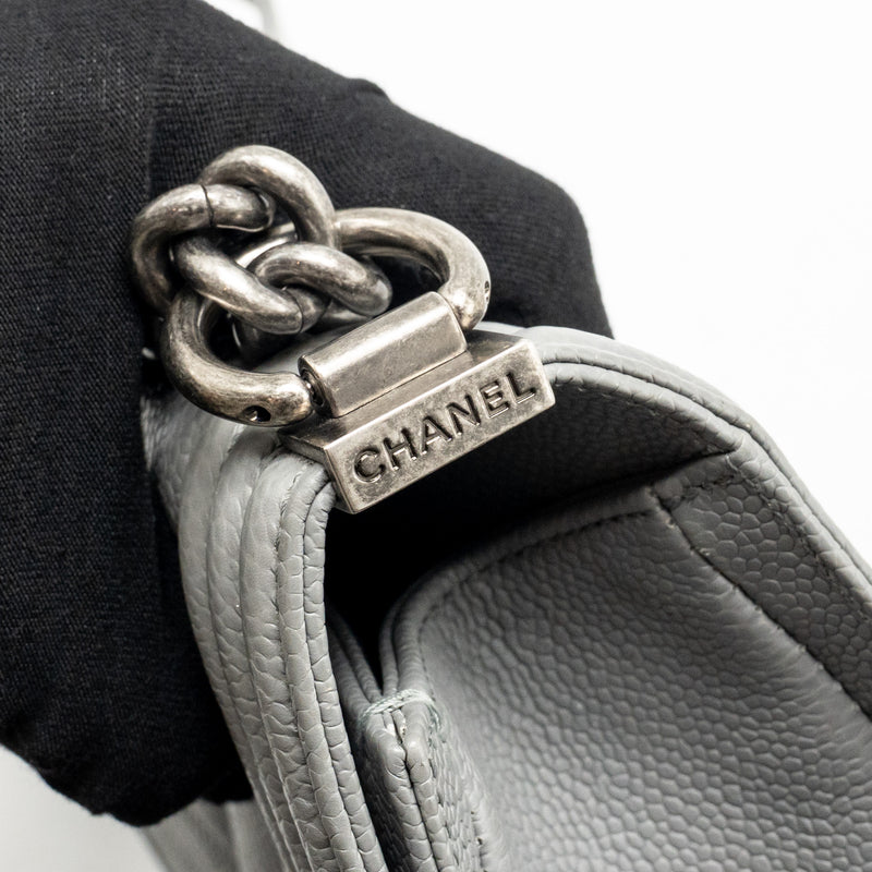 Chanel Medium Boy Bag Chevron Caviar Grey Ruthenium Silver Hardware