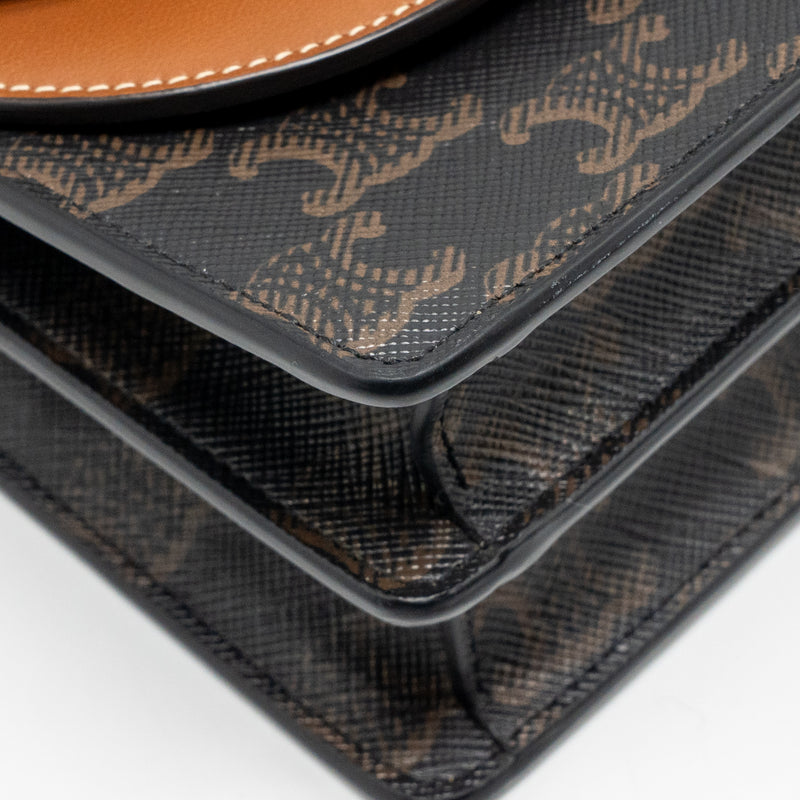 Celine Wallet On Strap Triomphe Canvas / Smooth Lambskin Tan GHW