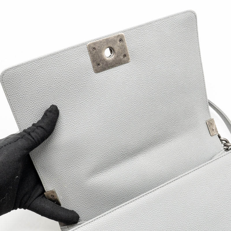Chanel Medium Boy Bag Chevron Caviar Grey Ruthenium Silver Hardware