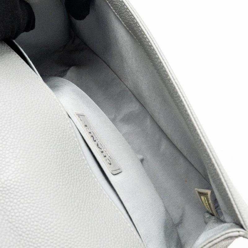Chanel Medium Boy Bag Chevron Caviar Grey Ruthenium Silver Hardware