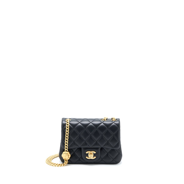 Chanel 23S Camellia Chain Mini Square Flap Bag Lambskin Black Brushed GHW (Microchip)