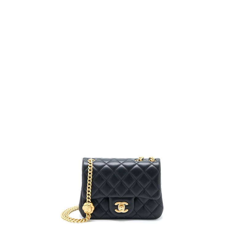 Chanel 23S Camellia Chain Mini Square Flap Bag Lambskin Black Brushed