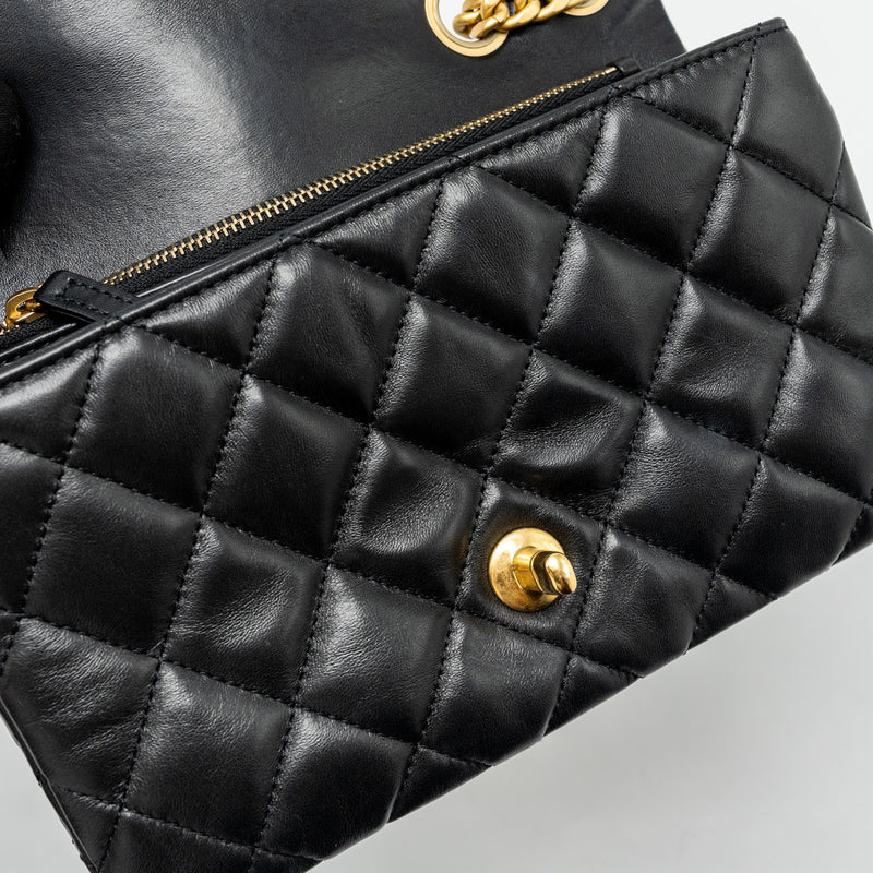 Chanel 22K Gold Pillar Adjustable Chain Flap Bag Lambskin Black Brushed GHW (Microchip)