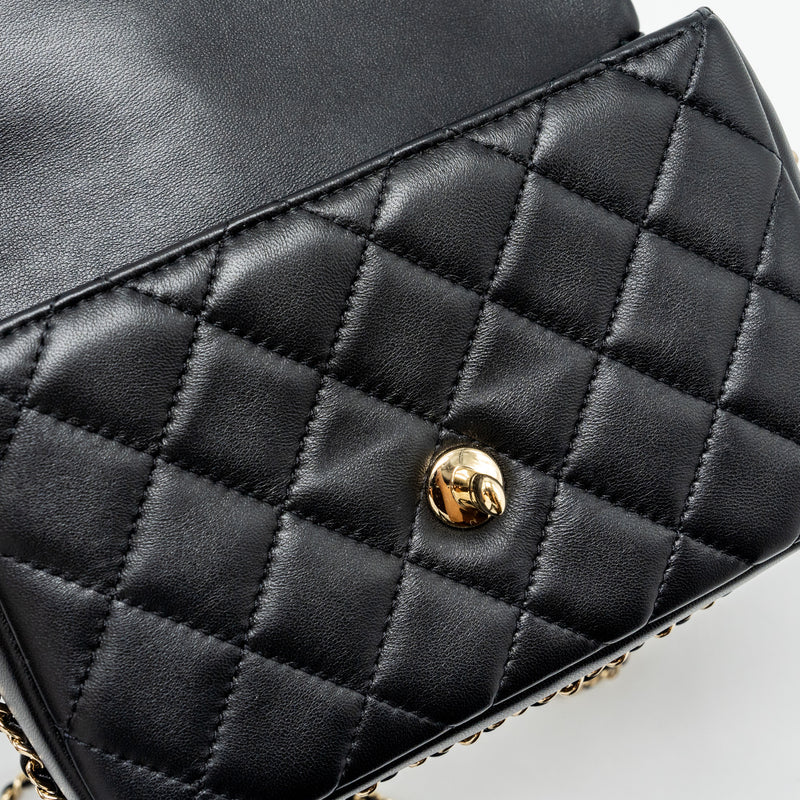 Chanel quilted flap bag with pearl chain lambskin black LGHW