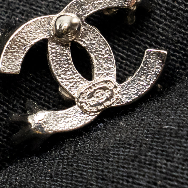 Chanel Crystal CC Logo Earrings Ruthenium Silver Tone