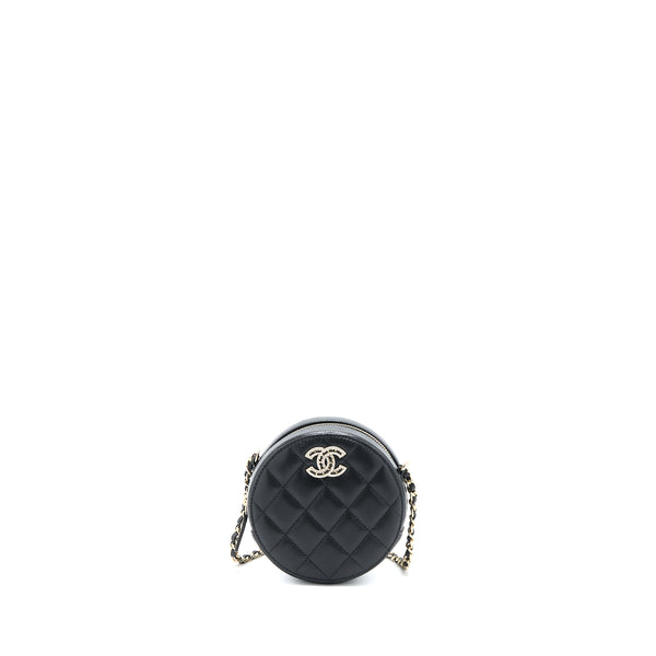 Chanel Crystal CC Logo Round Clutch with Chain Caviar Black LGHW