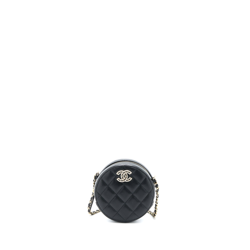 Chanel Crystal CC Logo Round Clutch with Chain Caviar Black LGHW