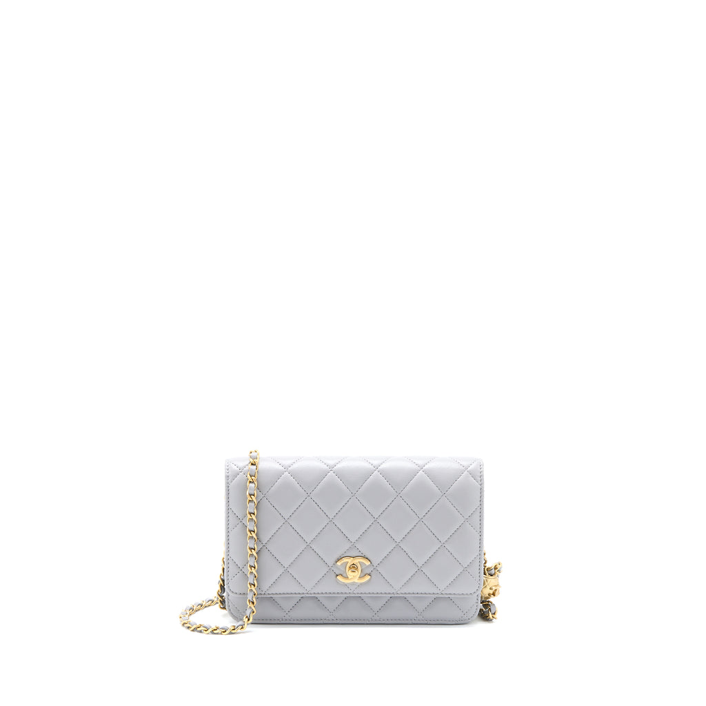 Chanel Pearl Crush Wallet on Chain Lambskin Light Grey GHW (Microchip)