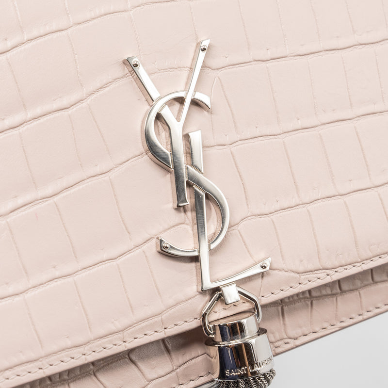 Saint Laurent Kate Wallet On Chain Croc Embossed Leather Light Pink SHW