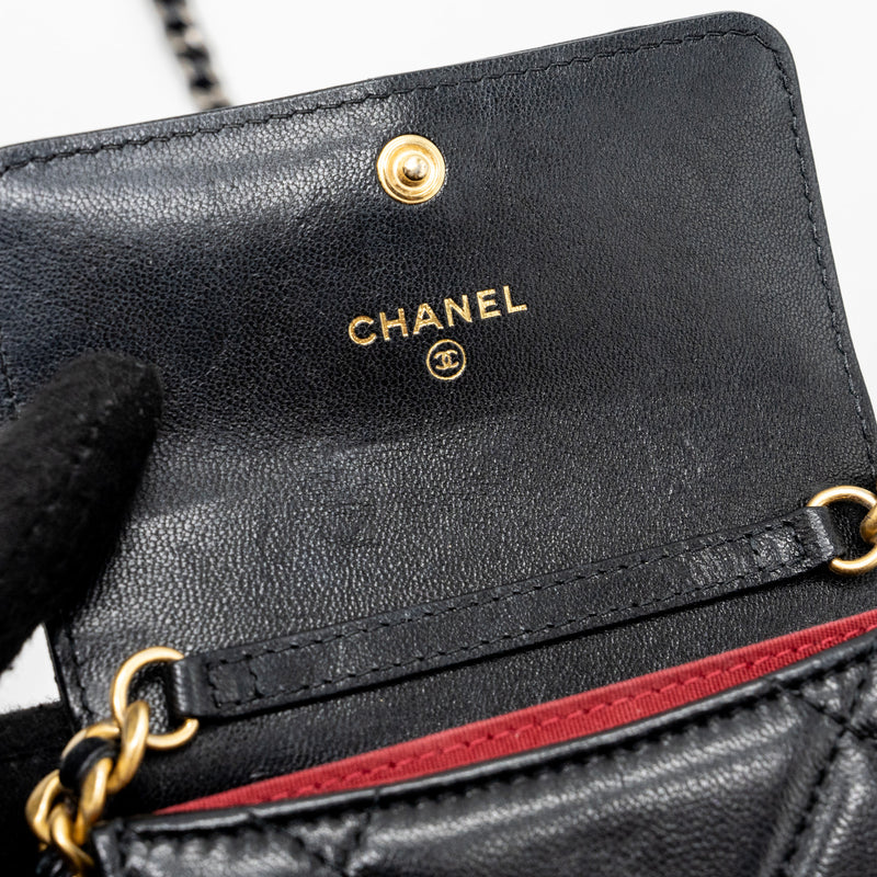 Chanel 19 flap card holder with chain lambskin black multicolor hardware