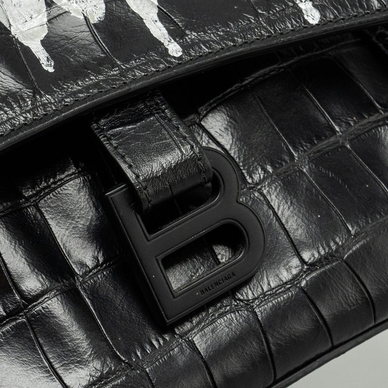 BALENCIAGA Limited Edition Downtown Small Shoulder Bag Croc-Embossed Calfskin Black with Black Hardware