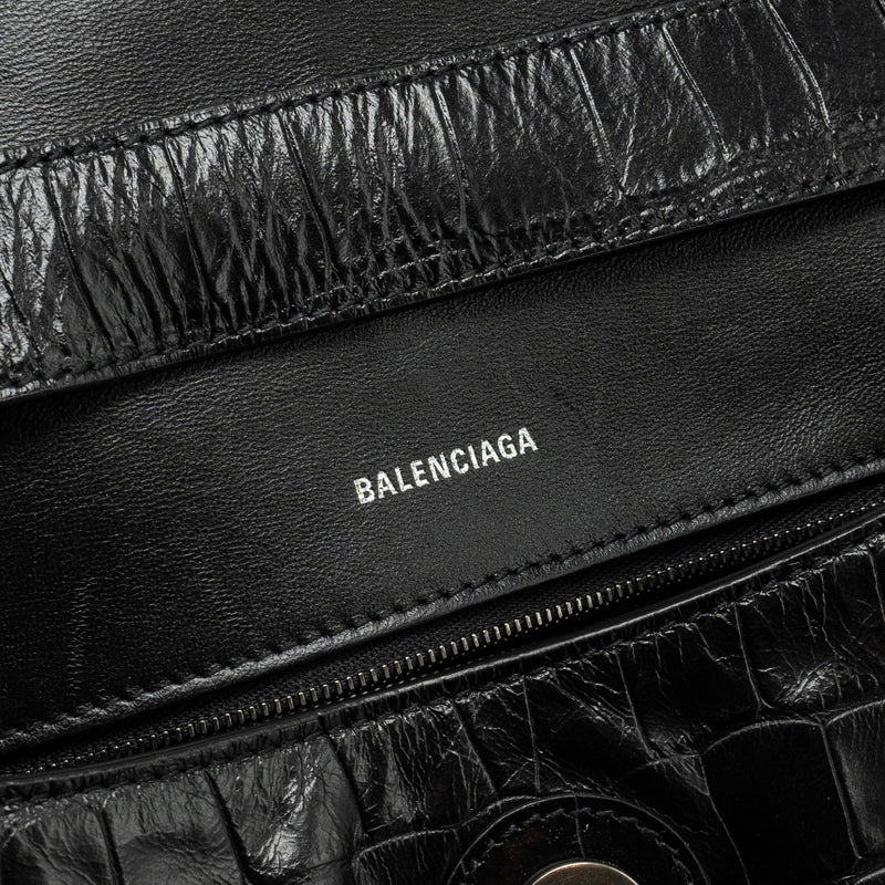 BALENCIAGA Limited Edition Downtown Small Shoulder Bag Croc-Embossed Calfskin Black with Black Hardware