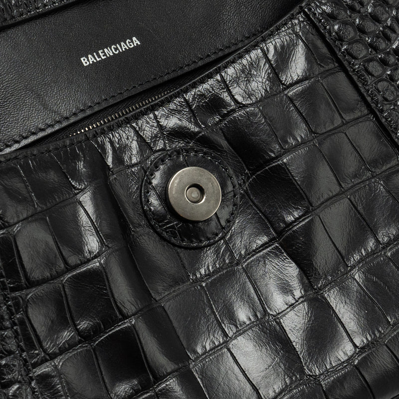 BALENCIAGA Limited Edition Downtown Small Shoulder Bag Croc-Embossed Calfskin Black with Black Hardware