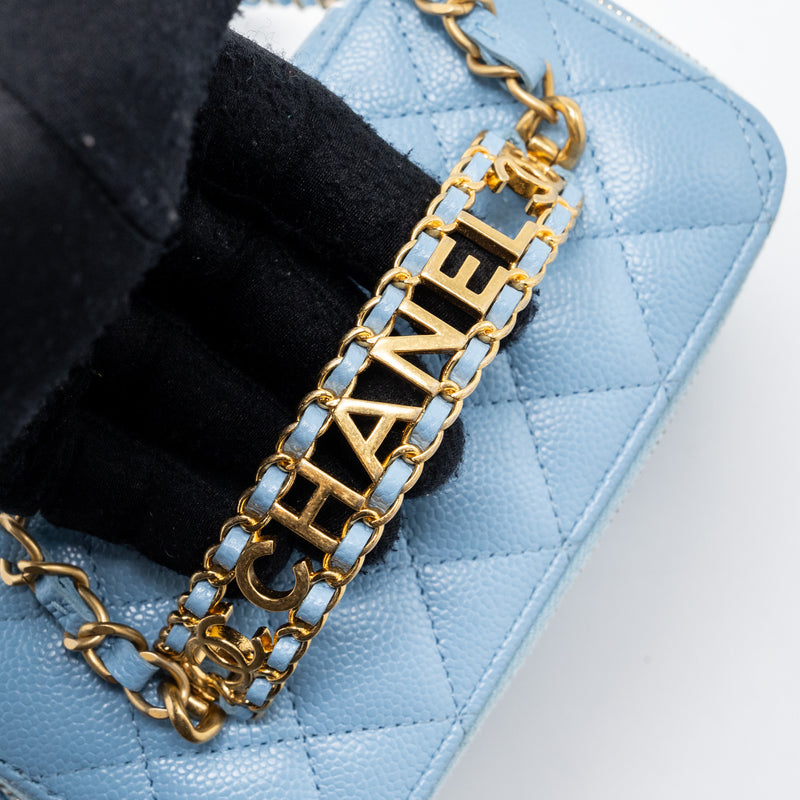Chanel detailed top handle long vanity with chain caviar light blue GHW