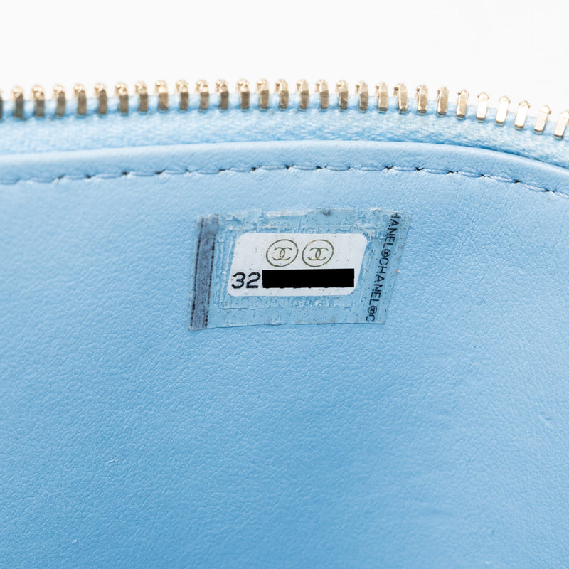 Chanel detailed top handle long vanity with chain caviar light blue GHW