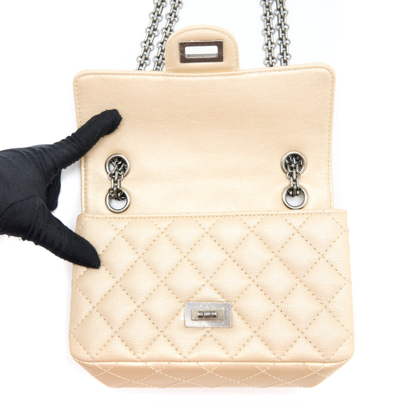 Chanel 2.55 Mini Flap Bag Lambskin Light Beige Ruthenium Hardware