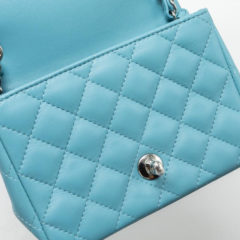 Chanel Mini Square flap bag lambskin Light Blue SHW (microchip)
