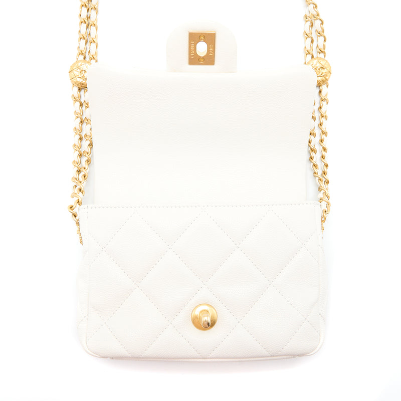 Chanel 22A Mini Square Flap Bag Caviar White Brushed GHW (Microchip)