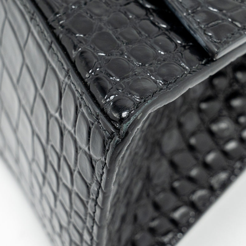 Balenciaga Hourglass S Croc-Embossed Calfskin So Black