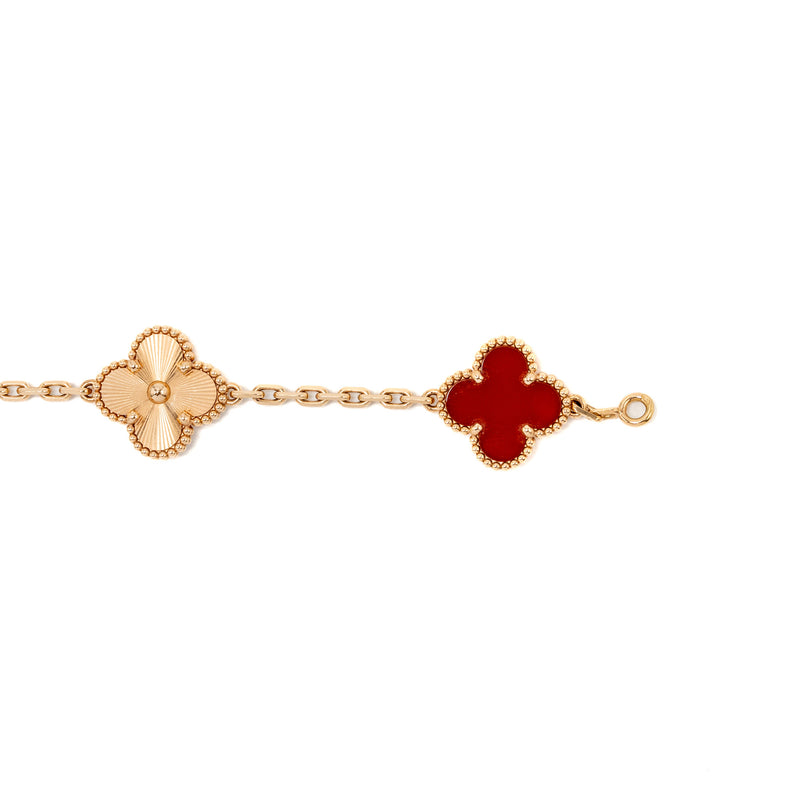 Van Cleef & Arpels Vintage Alhambra 5 Motifs Bracelet Guilloche Rose Gold/Carnelian