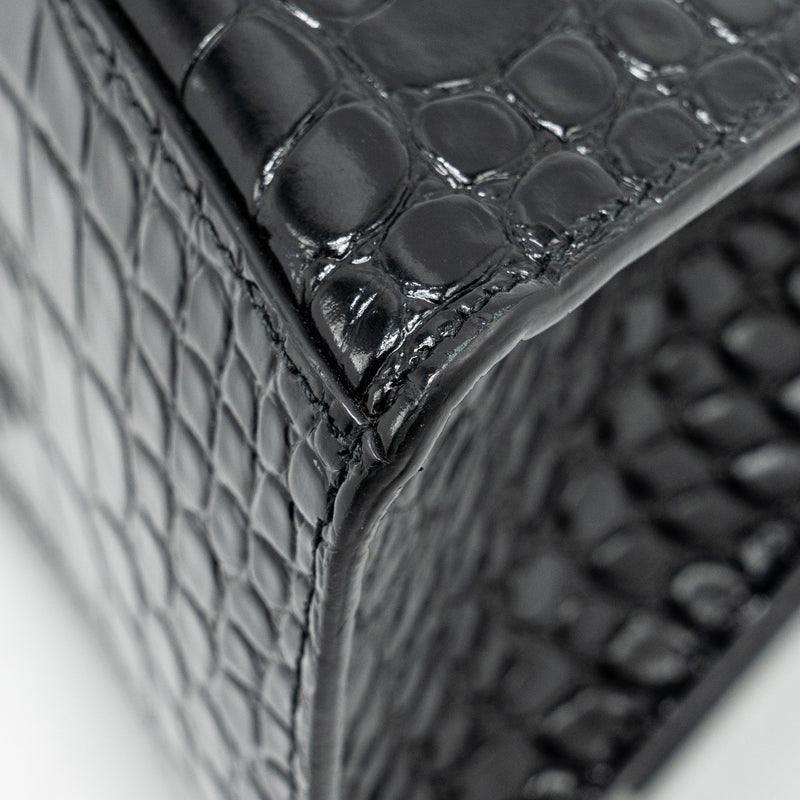 Balenciaga Hourglass S Croc-Embossed Calfskin So Black
