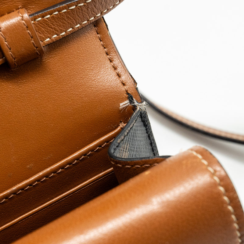 Celine Wallet on strap Triomphe Canvas / Smooth Lambskin Tan GHW
