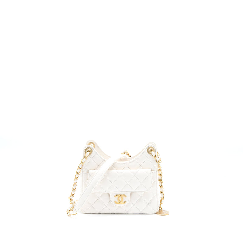 Chanel 23C Small Hobo Bag Shiny Calfskin White Brushed GHW (Microchip)