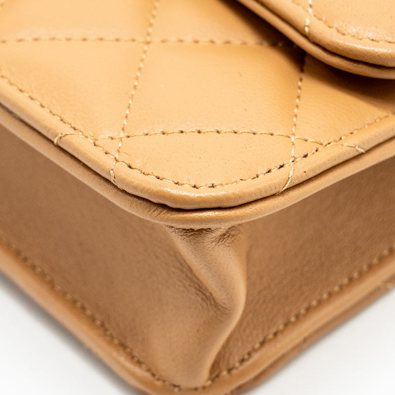 Chanel Top Handle Mini Flap Bag Lambskin Caramel LGHW (Microchip)