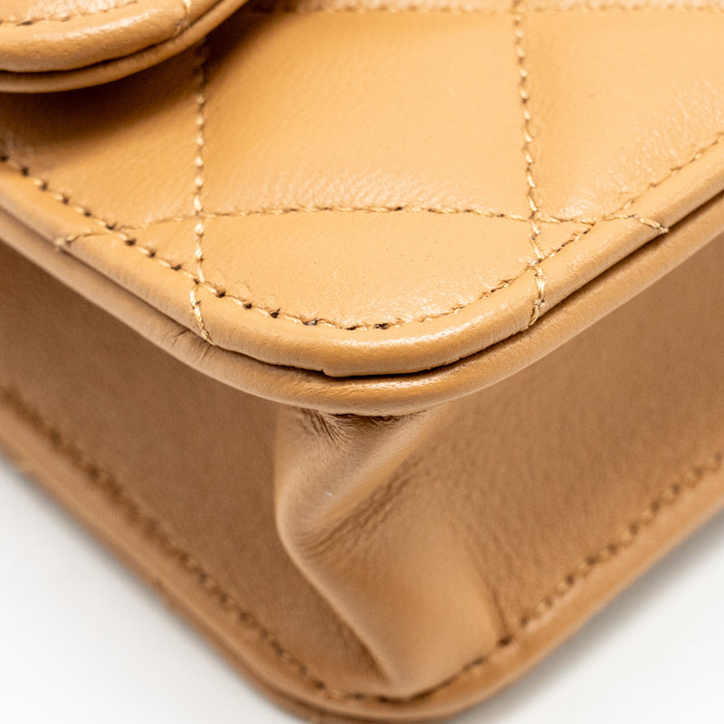 Chanel Top Handle Mini Flap Bag Lambskin Caramel LGHW (Microchip)