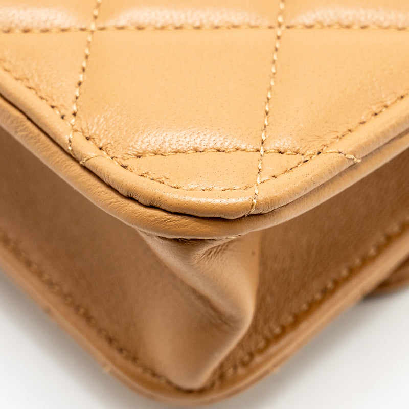 Chanel Top Handle Mini Flap Bag Lambskin Caramel LGHW (Microchip)