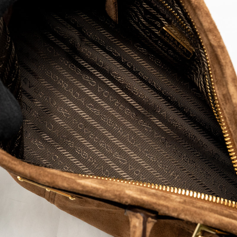 Prada Medium Bonnie handbag suede leather brown GHW