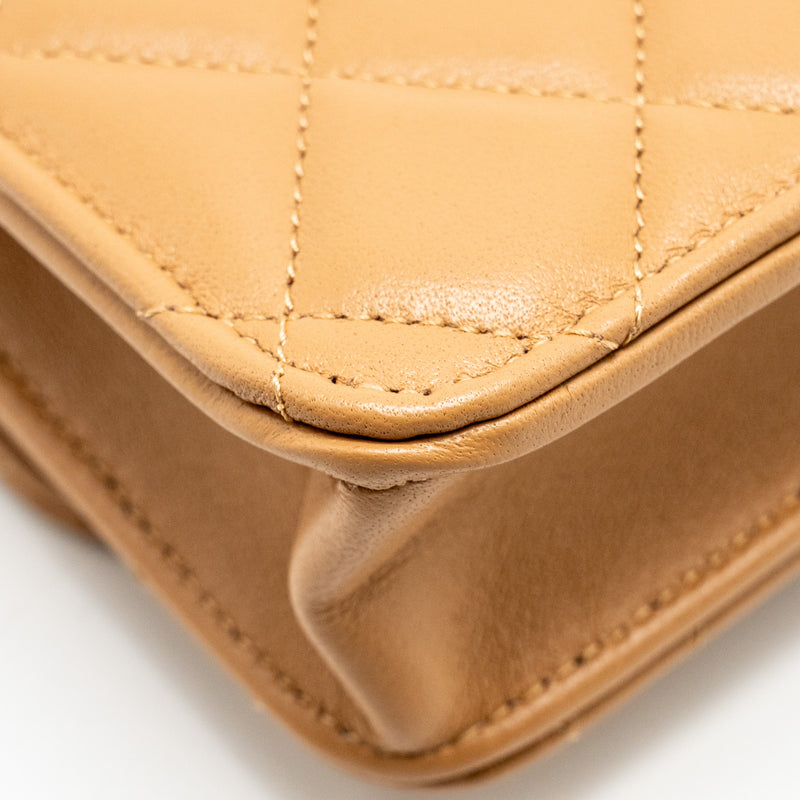Chanel Top Handle Mini Flap Bag Lambskin Caramel LGHW (Microchip)