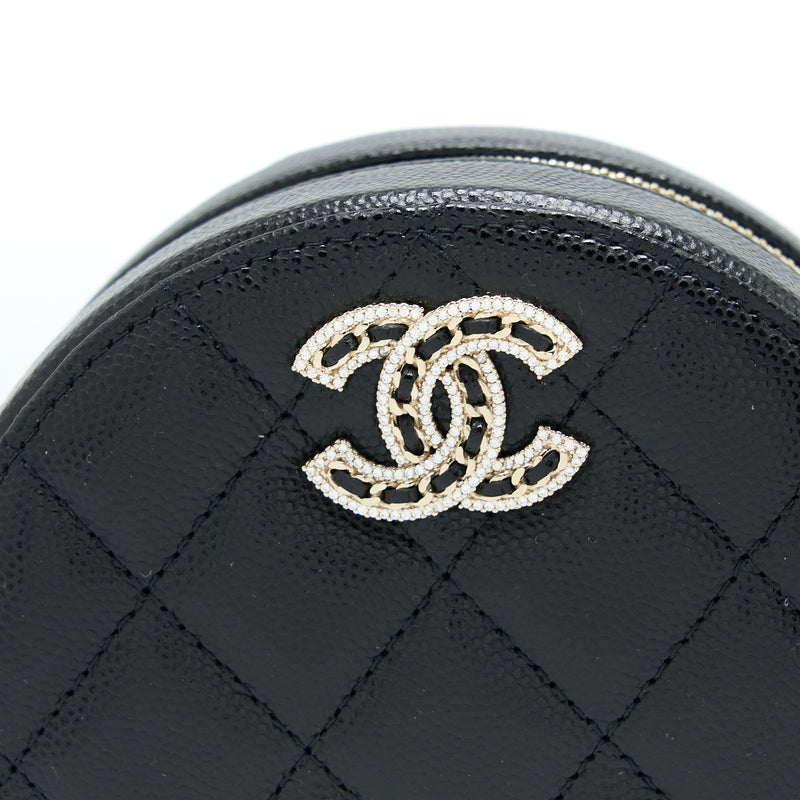 Chanel Crystal CC Logo Round Clutch with Chain Caviar Black LGHW