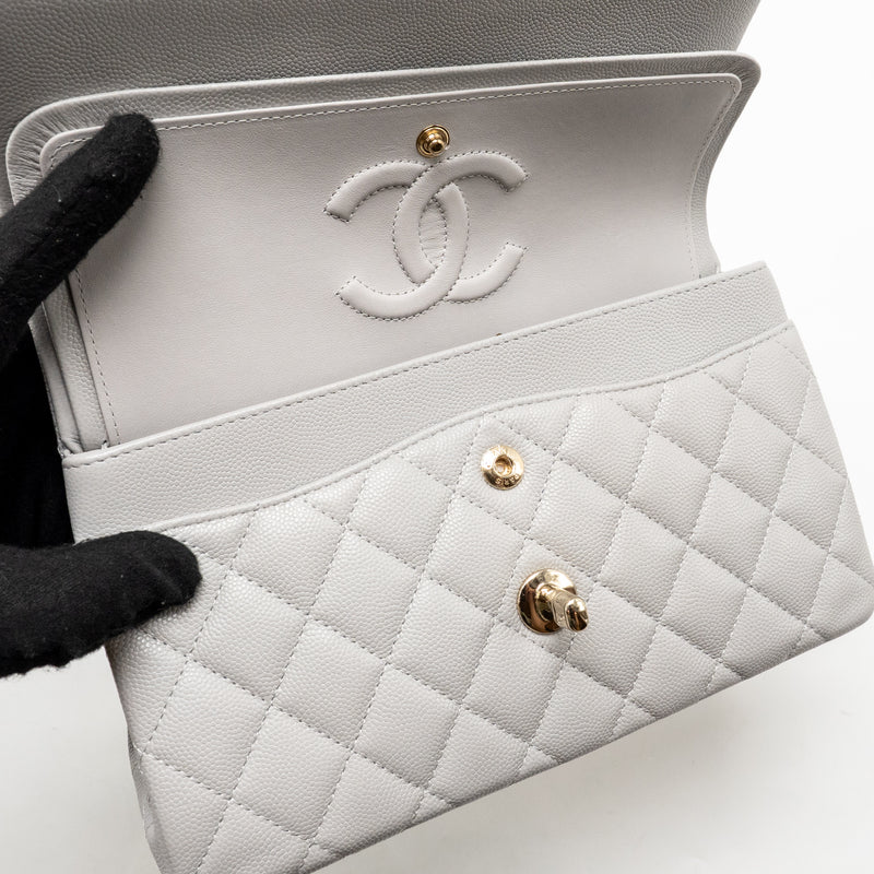 Chanel Small Classic Double Flap Bag Caviar Light Grey LGHW (Microchip)