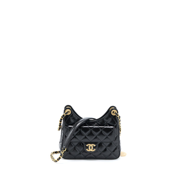 Chanel 23C Small Hobo Bag Shiny Calfskin Black Brushed GHW (Microchip)