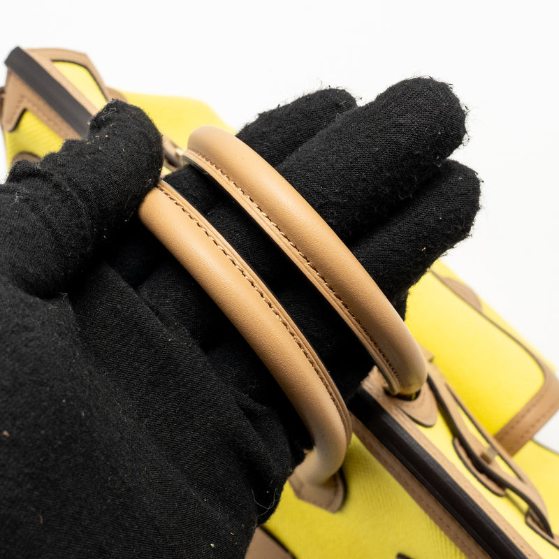 Hermes Birkin 25 Cargo Toile Goeland / Swift Jaune Citron / Chai SHW Stamp U