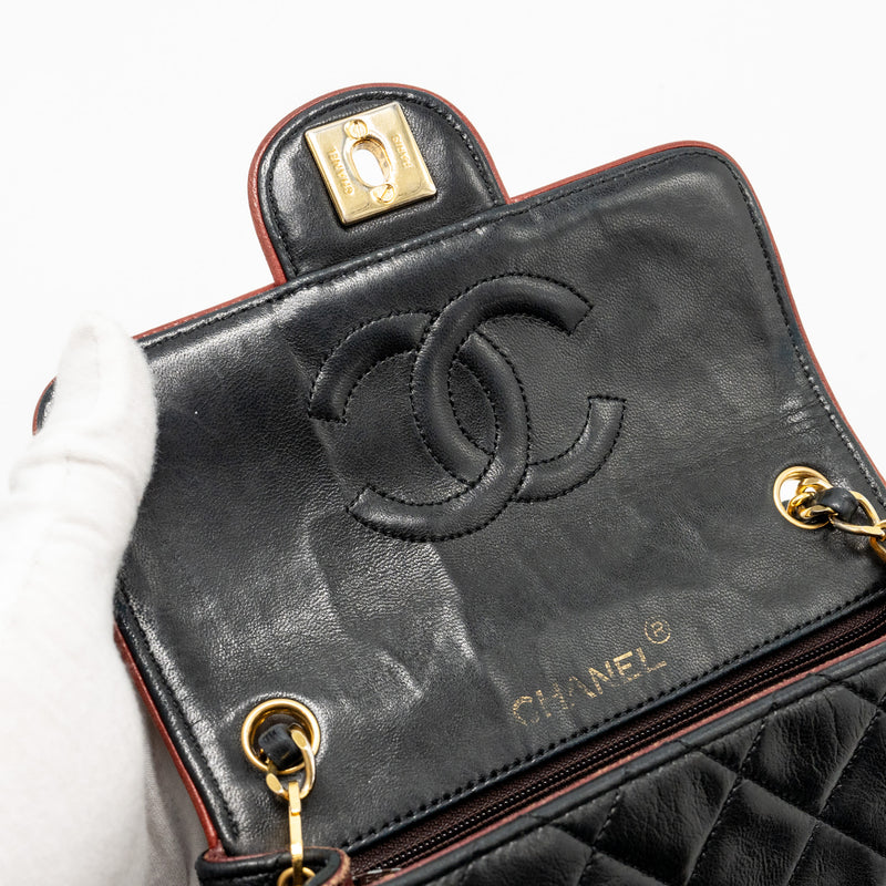 Chanel Vintage mini square flap bag lambskin black / red GHW