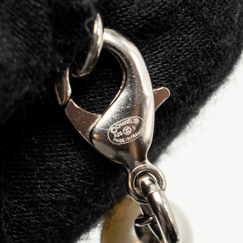 Chanel CC and pearl long necklace silver tone