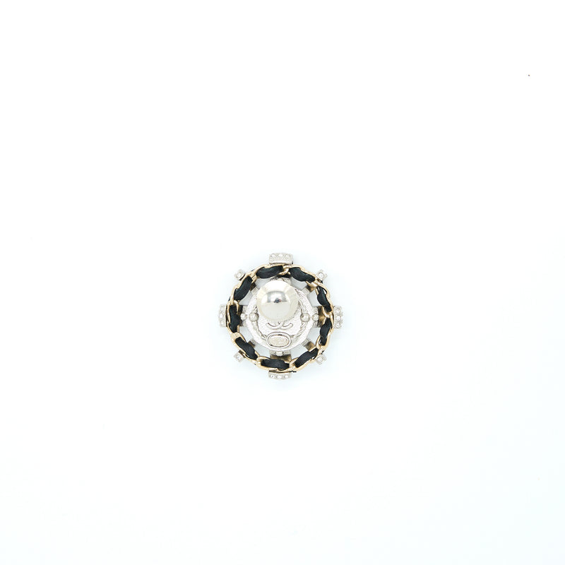 Chanel Round with CC Logo Crystal/Leather Chain Brooch Light Gold Tone