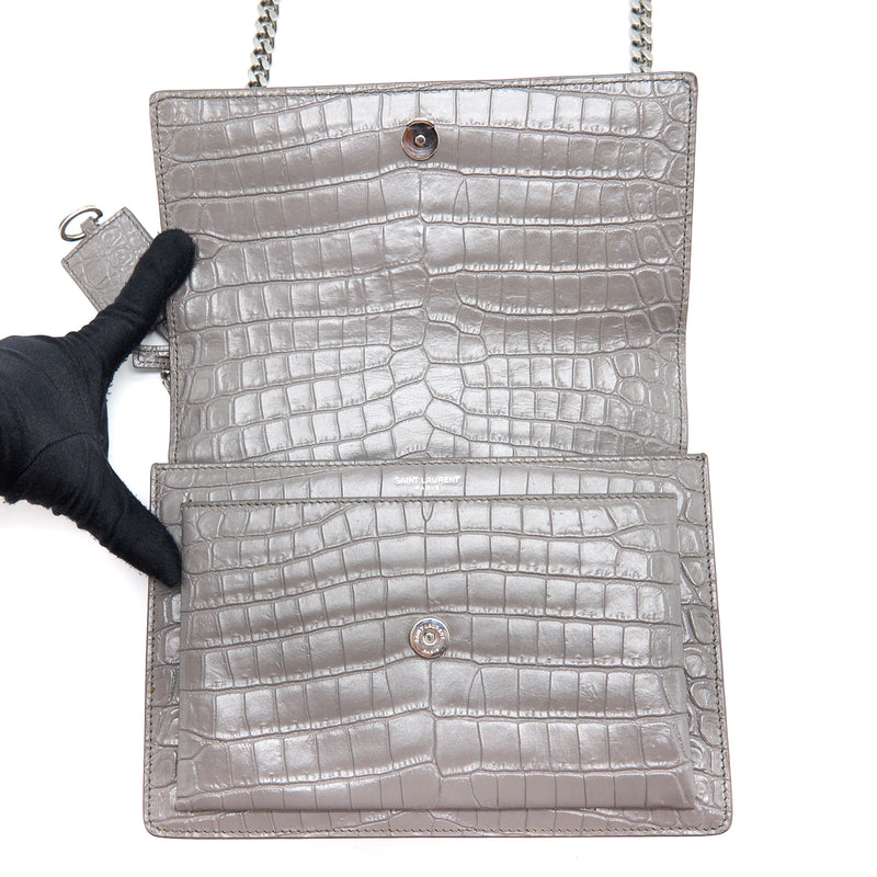 Saint Laurent Medium Sunset Chain Bag Croc Embossed Calfskin Grey SHW