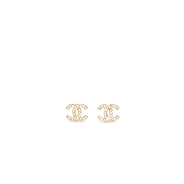 Chanel CC Logo/Crystal Earrings Light Gold Tone