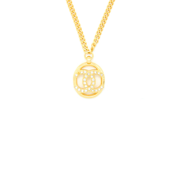 Chanel Round CC Logo Necklace Crystal Gold Tone